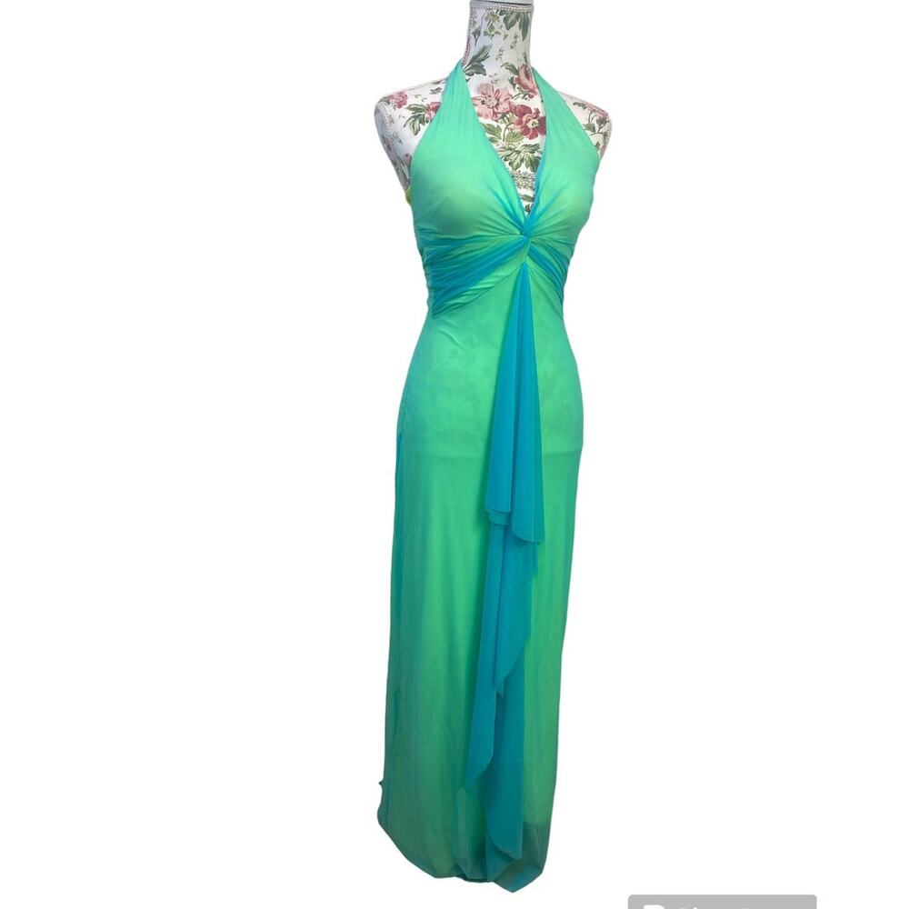 Vintage USA Made Chiffon Halter Embellished Maxi  Neon Green Dress  Whimsical  2